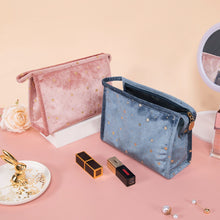 Load image into Gallery viewer, Star Embroidered Velvet Makeup Bag Blue