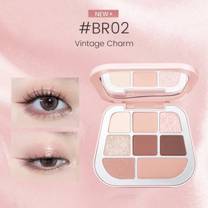 FOCALLURE 8 Pan Pressed Powder Eyeshadow Palette #br02 vintage charm peach nude and brown shades  matte, shimmer, pearly