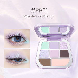 FOCALLURE 8 Pan Pressed Powder Eyeshadow Palette #PP01 lilac and light blue shades, brown shades, matte, shimmer, pearly