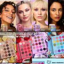 Load image into Gallery viewer, Focallure blooming flowers series eyeshadow palette with 4 different combos golden brown, red, fuchsia lilac and multicolor