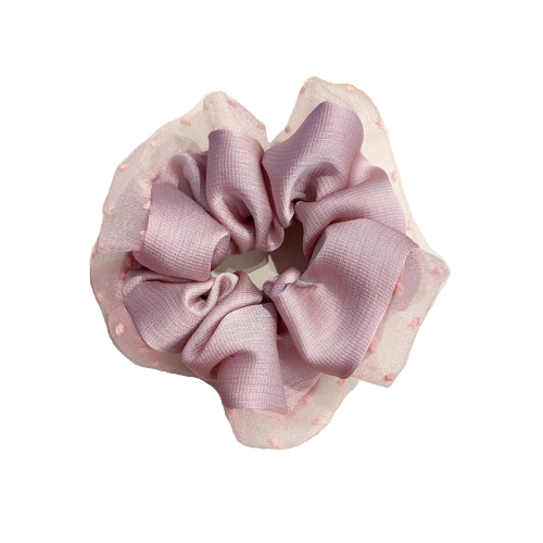 Dot Mesh Trim Chiffon Scrunchie in Soft Lilac