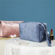 Load image into Gallery viewer, Star Embroidered Velvet Makeup Bag Blue