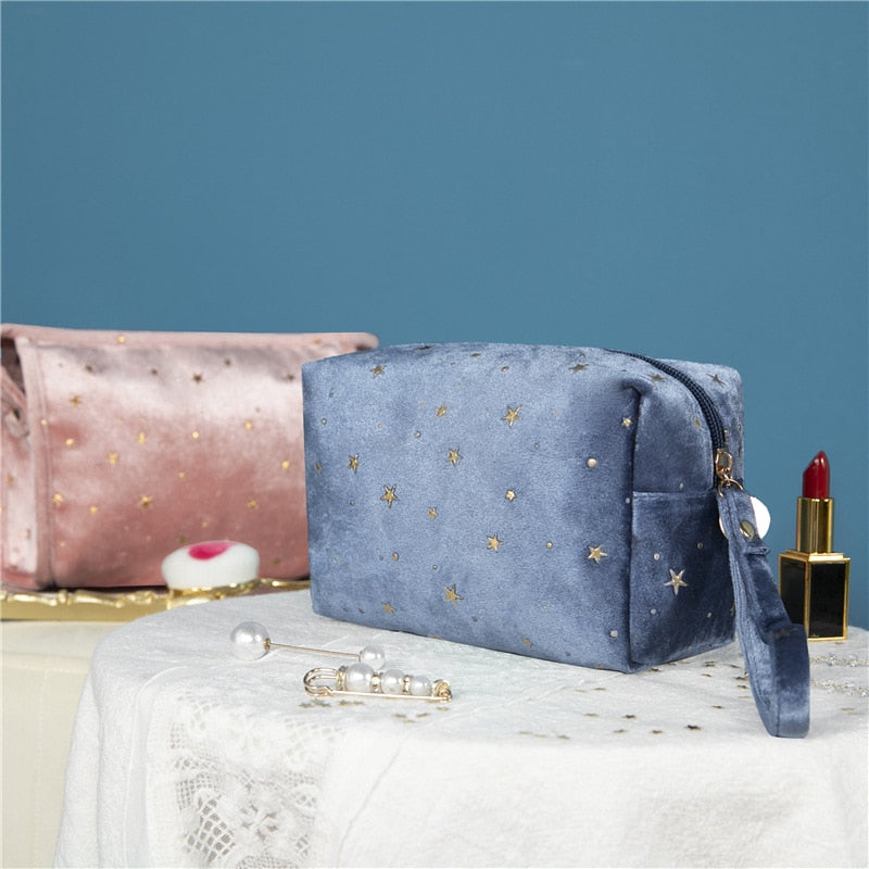 Star Embroidered Velvet Makeup Bag Blue