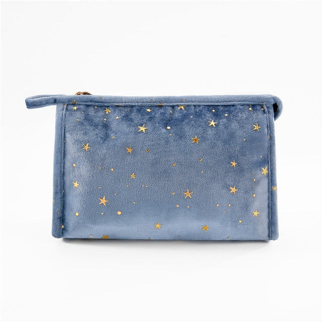 Star Embroidered Velvet Makeup Bag Blue