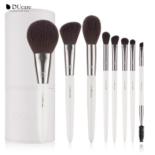 DUcare Luxe 8 Piece Face & Eye Brush Set with Brush Cylinder Case
